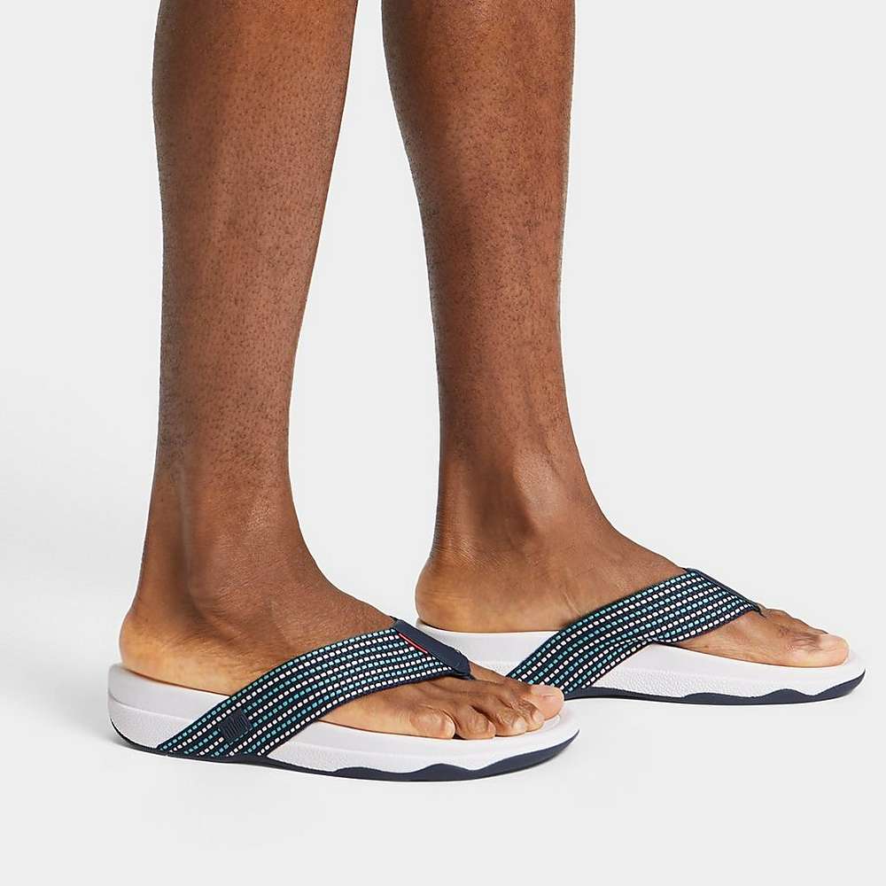 Sandalias Fitflop SURFER Stripe Toe-Post Hombre Azul Marino Blancas | Chile-58072