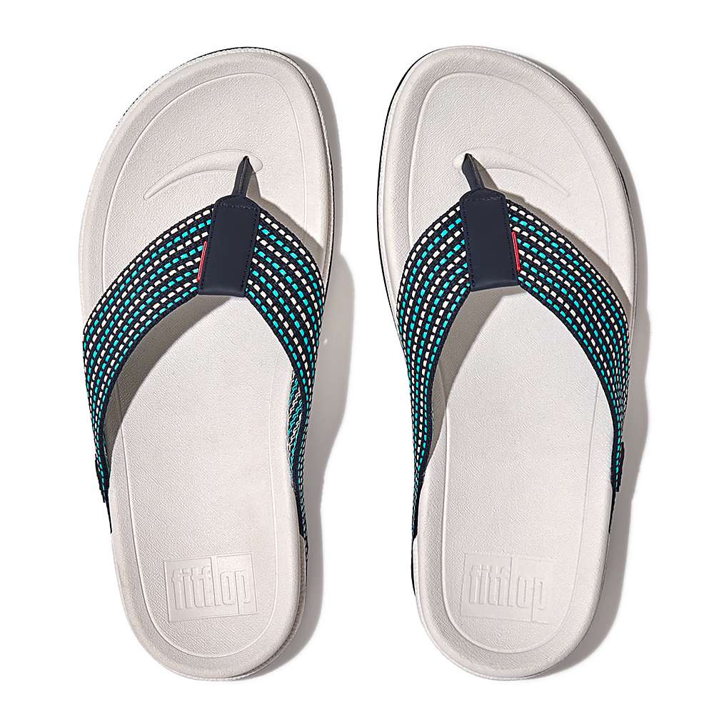 Sandalias Fitflop SURFER Stripe Toe-Post Hombre Azul Marino Blancas | Chile-58072