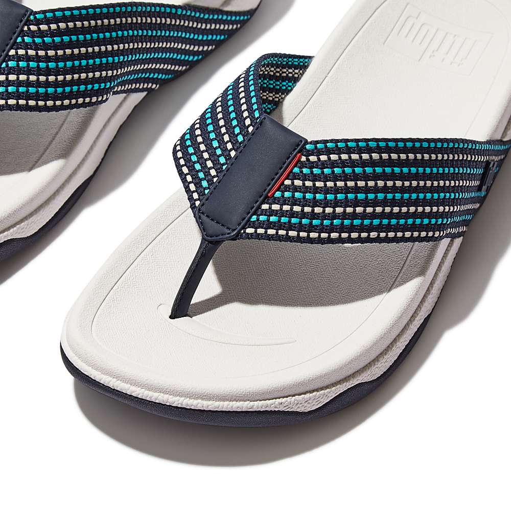 Sandalias Fitflop SURFER Stripe Toe-Post Hombre Azul Marino Blancas | Chile-58072