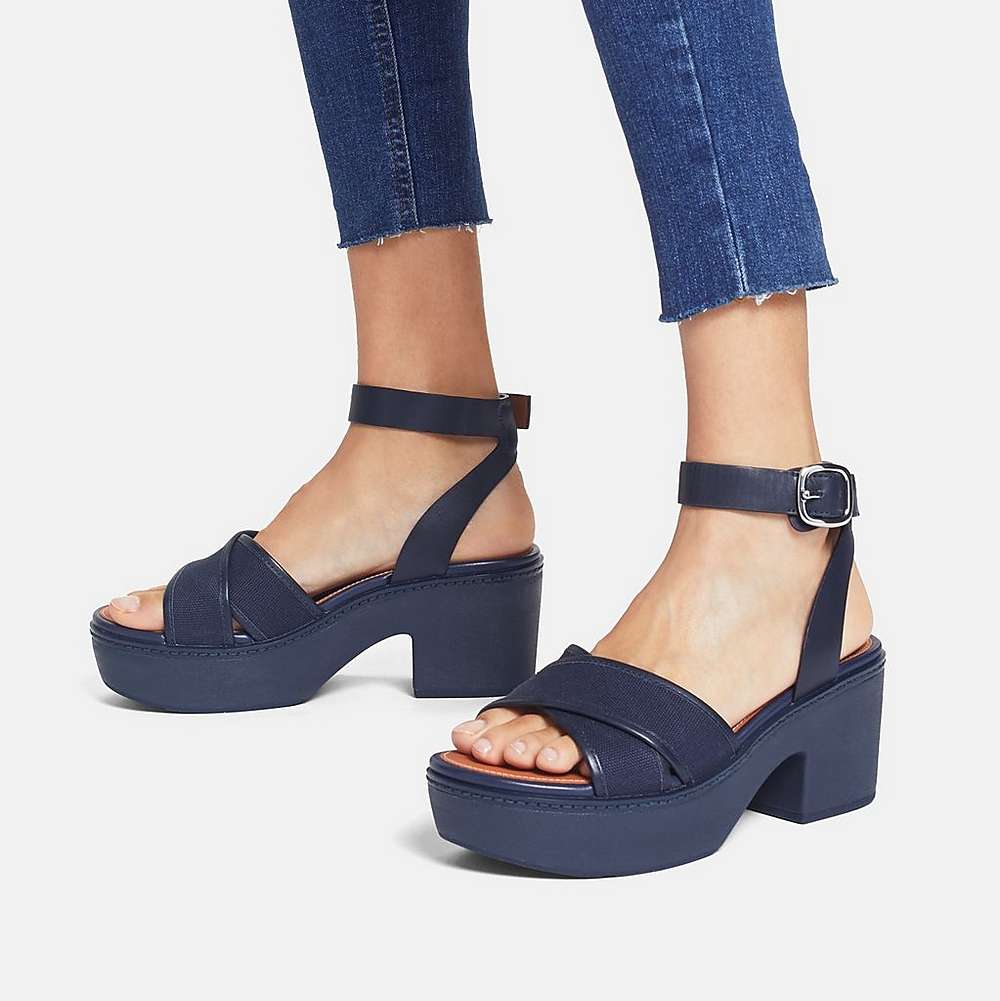 Sandalias con plataforma Fitflop PILAR Canvas Ankle-Strap Mujer Azul Marino | Chile-41305