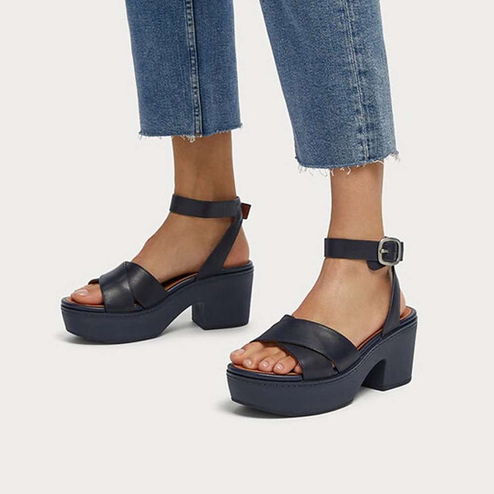 Sandalias con plataforma Fitflop PILAR Leather Ankle-Strap Mujer Azul Marino | Chile-15097