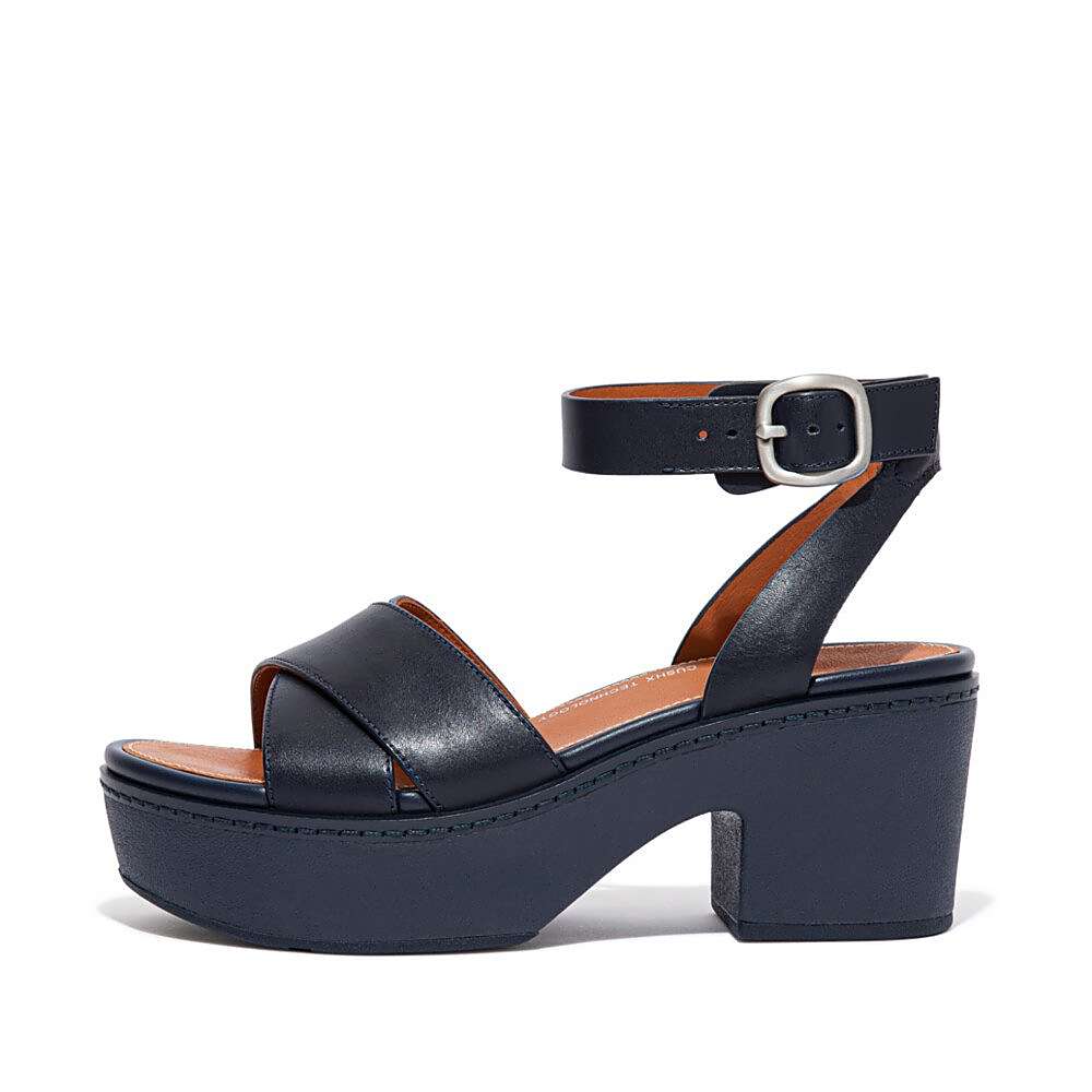 Sandalias con plataforma Fitflop PILAR Leather Ankle-Strap Mujer Azul Marino | Chile-15097