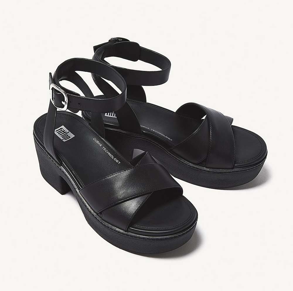 Sandalias con plataforma Fitflop PILAR Leather Ankle-Strap Mujer Negras | Chile-25379