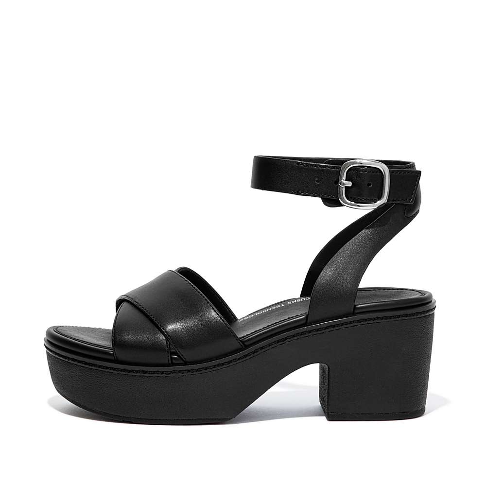 Sandalias con plataforma Fitflop PILAR Leather Ankle-Strap Mujer Negras | Chile-25379