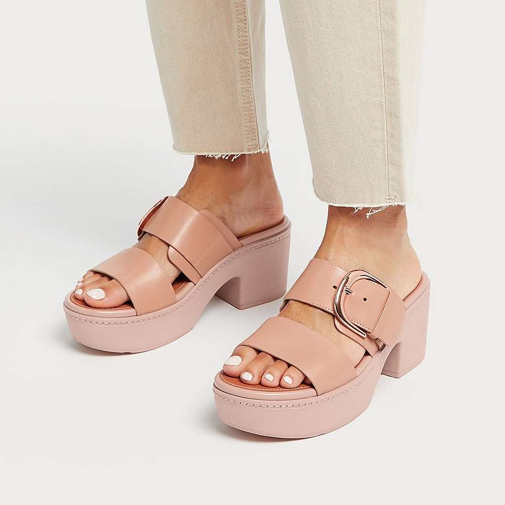 Sandalias con plataforma Fitflop PILAR Leather Slide Mujer Beige | Chile-35792