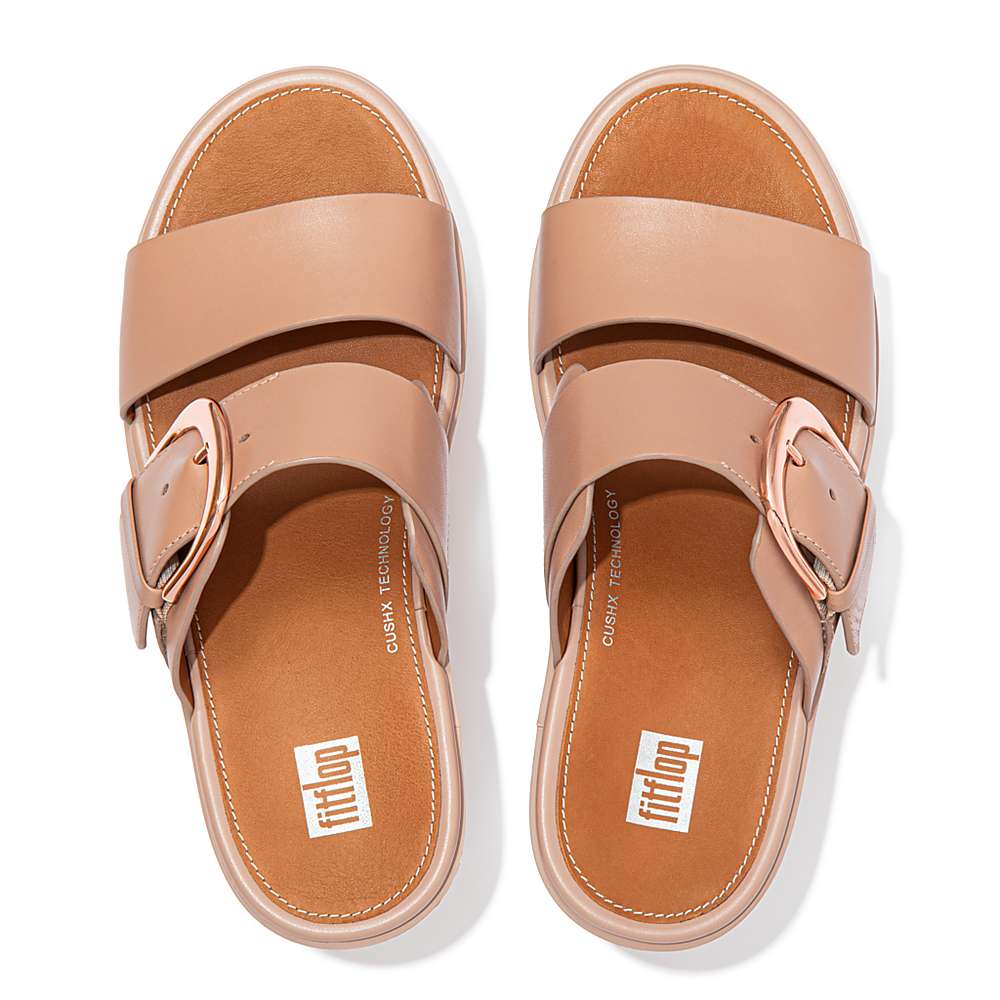 Sandalias con plataforma Fitflop PILAR Leather Slide Mujer Beige | Chile-35792