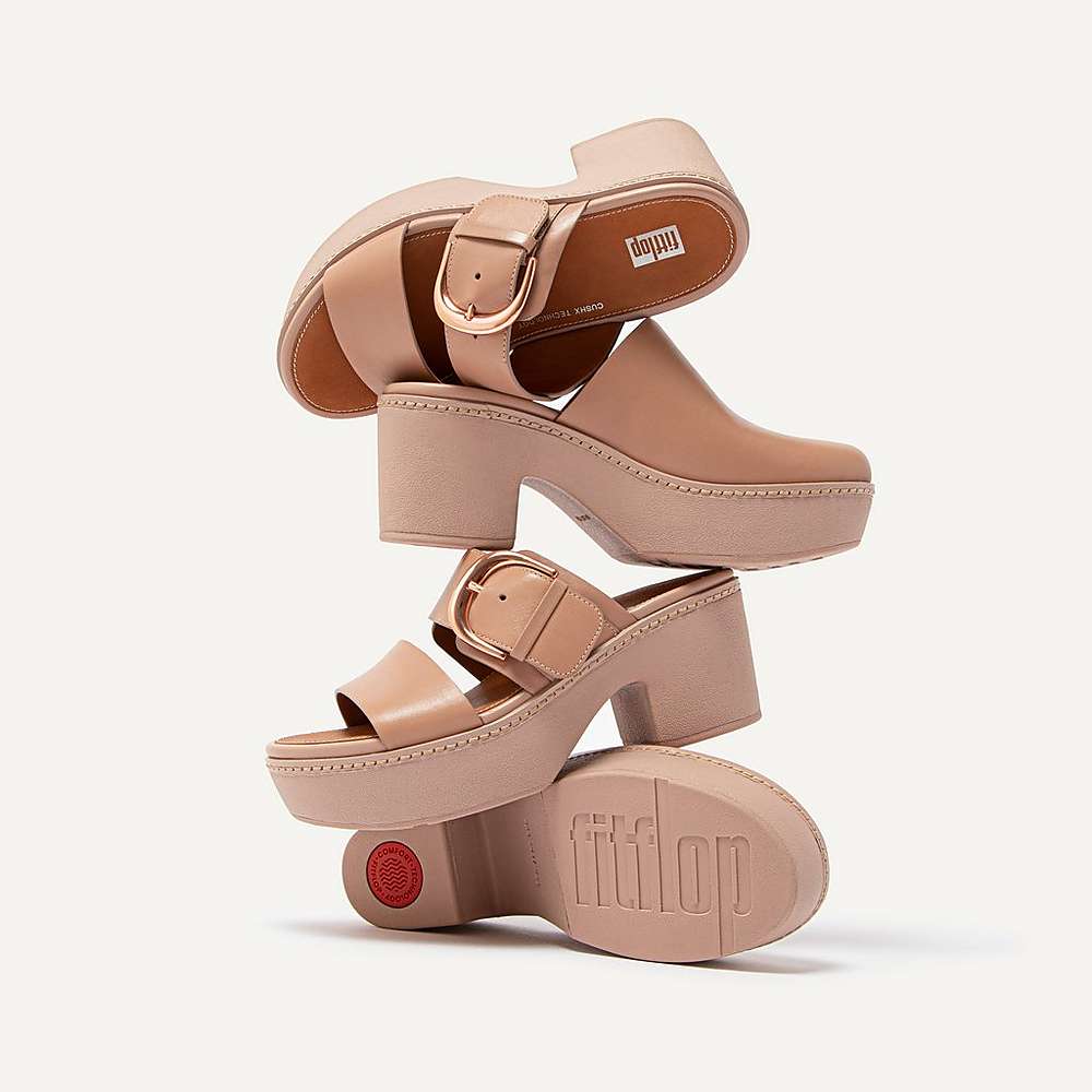 Sandalias con plataforma Fitflop PILAR Leather Slide Mujer Beige | Chile-35792